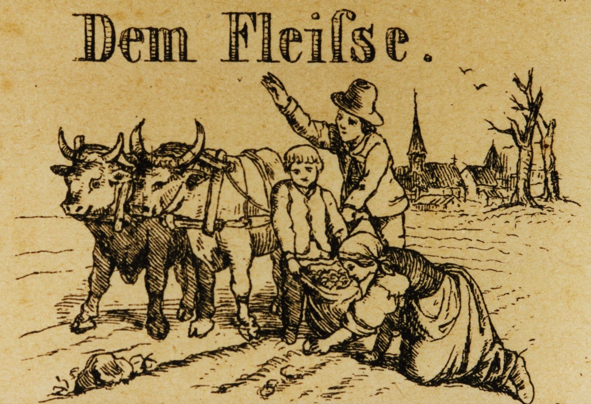 „Dem Fleiße“, darstellend die Kartoffelernte, Fleißbildchen um 1900