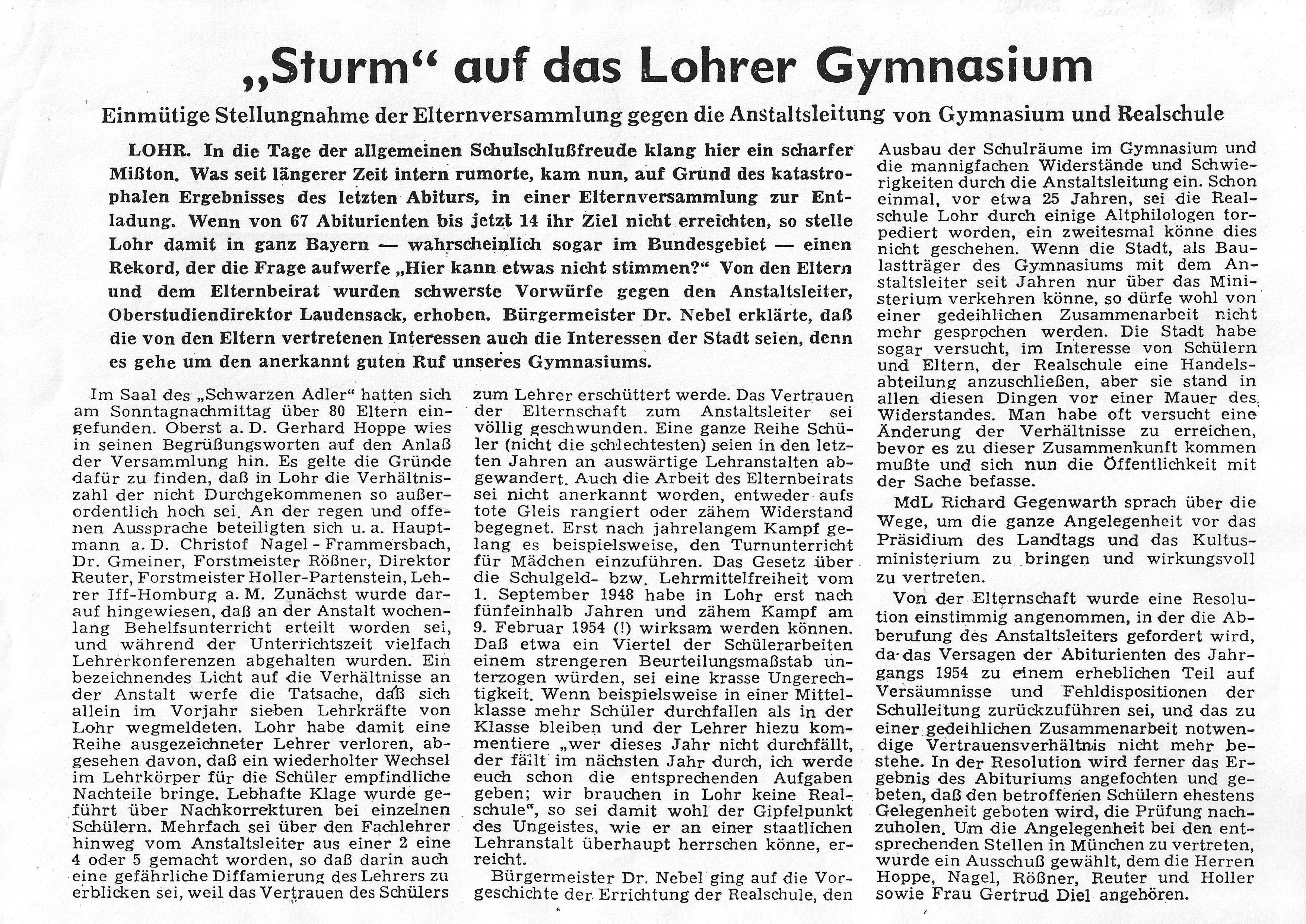 Zeitungsartikel 1954: "Sturm" auf das Lohrer Gymnasium