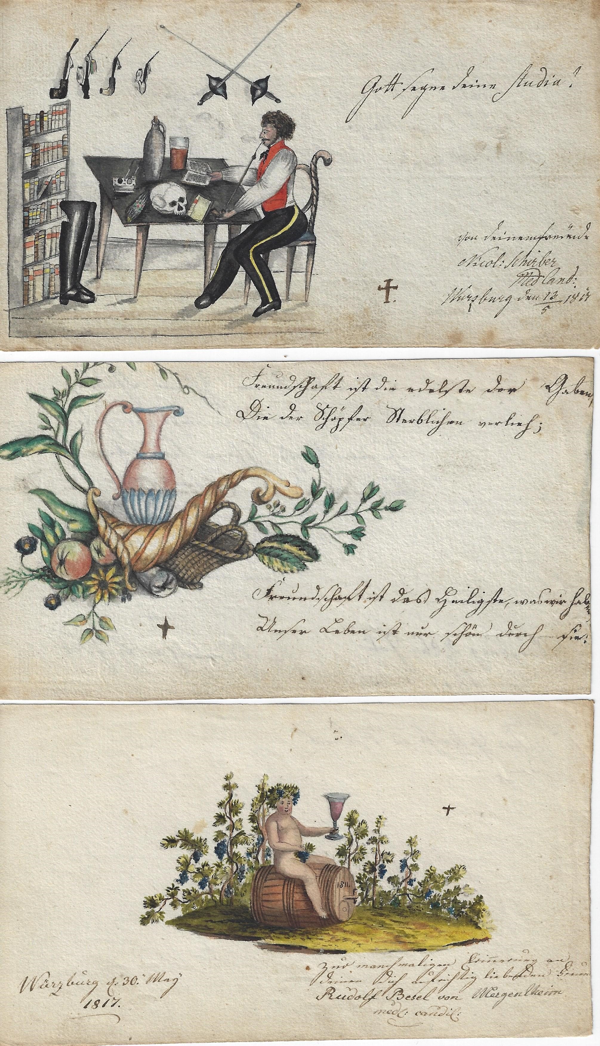 Die blichen Stammbuchbltter (von oben nach unten), datiert 1817, 1819, 1817. Siehe dazu (unten): Texte zu den Stammbuchblttern 1817-1819